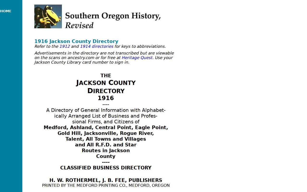 Medford city directory 1916 Jackson County Directory