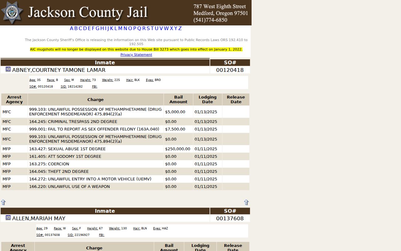 Medford residents directory Jackson County custody roster access