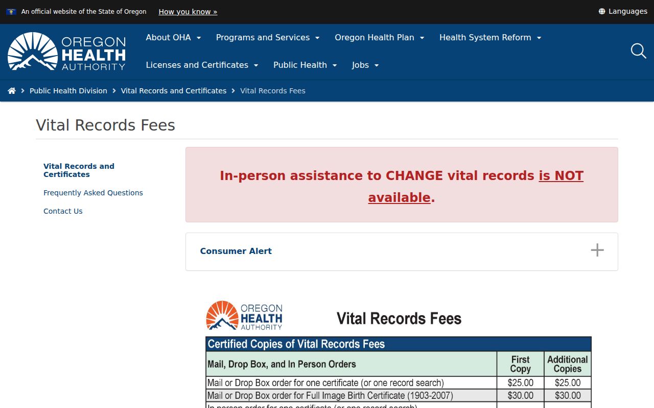 Medford residents directory Oregon vital-record fee information
